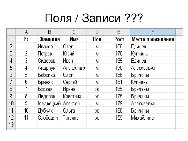 Адресовать учащимся вопросы: Назовите имена полей данный базы данных? Сколько записей в базе данных? Чем отличаются по форматированию названия полей от записей? 