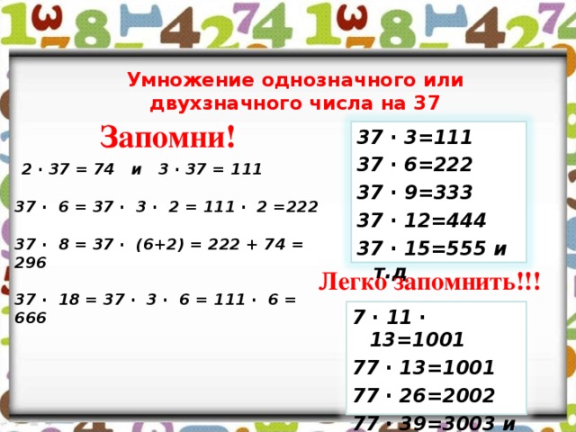 Умножение однозначного или двухзначного числа на 37 Запомни! 37 ∙ 3=111 37 ∙ 6=222 37 ∙ 9=333 37 ∙ 12=444 37 ∙ 15=555 и т.д   2 ∙ 37 = 74 и 3 ∙ 37 = 111   37 ∙ 6 = 37 ∙ 3 ∙ 2 = 111 ∙ 2 =222   37 ∙ 8 = 37 ∙ (6+2) = 222 + 74 = 296   37 ∙ 18 = 37 ∙ 3 ∙ 6 = 111 ∙ 6 = 666  Легко запомнить!!! 7 ∙ 11 ∙ 13=1001 77 ∙ 13=1001 77 ∙ 26=2002 77 ∙ 39=3003 и т.д 