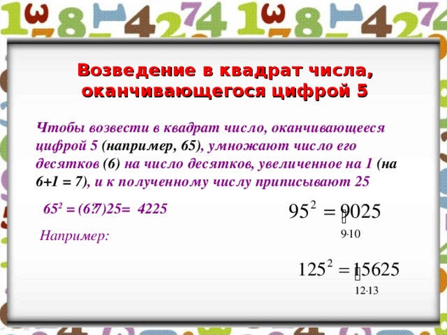 Возведение в квадрат числа, оканчивающегося цифрой 5 Чтобы возвести в квадрат число, оканчивающееся цифрой 5 (например, 65) , умножают число его десятков (6) на число десятков, увеличенное на 1 (на 6+1 = 7) , и к полученному числу приписывают 25  65 2 = (6·7)25= 4225  Например: 