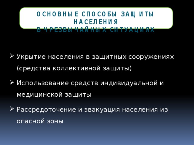 Основные способы защиты населения в чрезвычайных ситуациях Укрытие населения в защитных сооружениях (средства коллективной защиты) Использование средств индивидуальной и медицинской защиты Рассредоточение и эвакуация населения из опасной зоны 