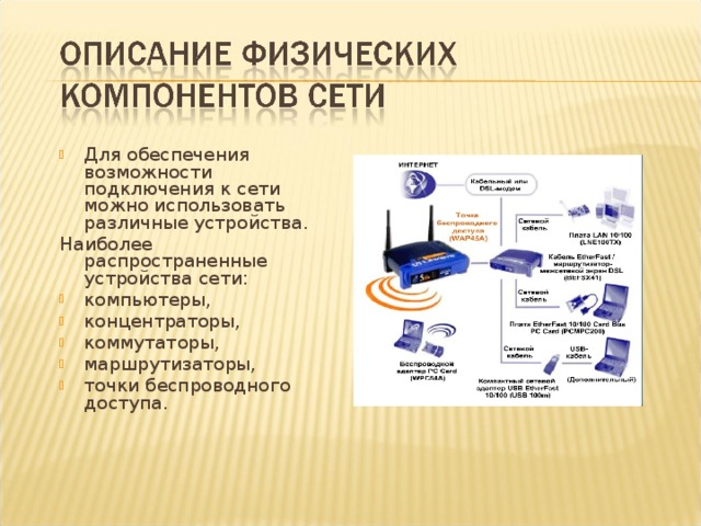 Для обеспечения возможности подключения к сети можно использовать различные устройства. Наиболее распространенные устройства сети: компьютеры, концентраторы, коммутаторы, маршрутизаторы, точки беспроводного доступа.  