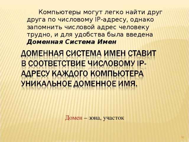   Компьютеры могут легко найти друг друга по числовому IP -адресу, однако запомнить числовой адрес человеку трудно, и для удобства была введена Доменная Система Имен Домен – зона, участок  
