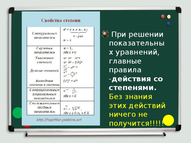  При решении показательных уравнений, главные правила - действия со степенями.   Без знания этих действий ничего не получится!!!!! 