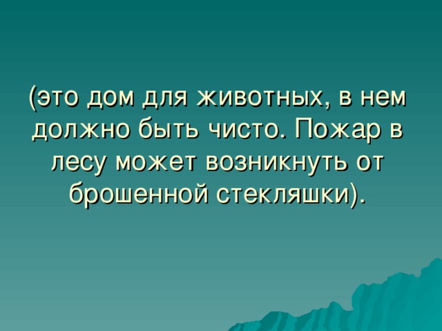 (это дом для животных, в нем должно быть чисто. Пожар в лесу может возникнуть от брошенной стекляшки). 