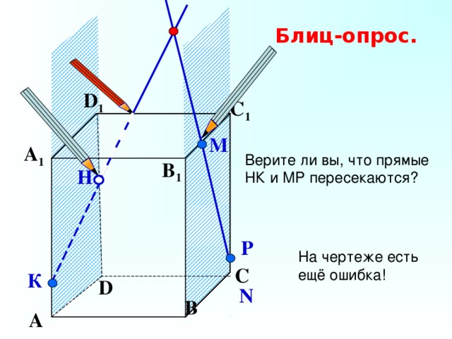 Блиц-опрос. D 1 С 1 М Верите ли вы, что прямые НК и МР пересекаются? А 1 B 1 Н Р На чертеже есть ещё ошибка! С К D N В А 