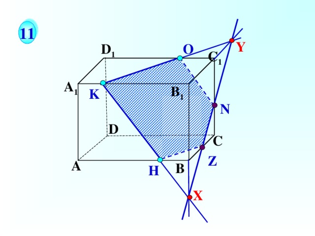 1 1 Y D 1 О С 1 А 1 B 1 K N D С Построить сечение параллелепипеда, проходящее через точки О, К, Н. Z А В H X 17 