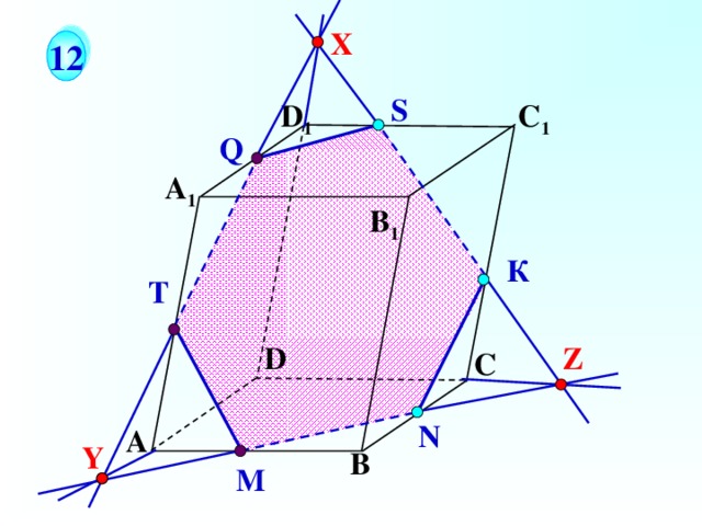 X 1 2 S D 1 С 1 Q А 1 B 1 К T Построить сечение параллелепипеда, проходящее через точки S , К, N . D Z С N А Y В M 17 
