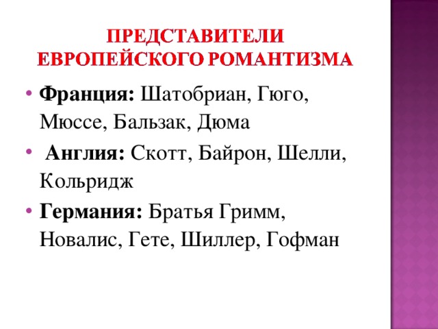 Франция: Шатобриан, Гюго, Мюссе, Бальзак, Дюма  Англия: Скотт, Байрон, Шелли, Кольридж Германия: Братья Гримм, Новалис, Гете, Шиллер, Гофман  