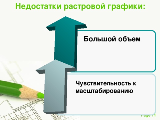 Недостатки растровой графики: Большой объем  Чувствительность к масштабированию   