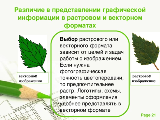 Различие в представлении графической информации в растровом и векторном форматах  Выбор растрового или векторного формата зависит от целей и задач работы с изображением. Если нужна фотографическая точность цветопередачи, то предпочтительнее растр. Логотипы, схемы, элементы оформления удобнее представлять в векторном формате  растрово е изображени е векторно е изображения 