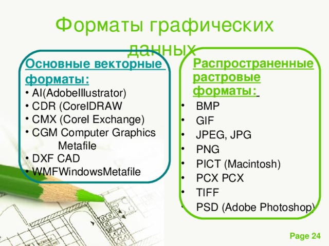 Форматы графических данных   Распространенные растровые форматы:   BMP  GIF  JPEG, JPG  PNG  PICT (Macintosh)  PCX PCX  TIFF  PSD (Adobe Photoshop) Основные векторные форматы:  AI(AdobeIllustrator)  CDR (CorelDRAW  CMX (Corel Exchange)  CGM Computer Graphics  Metafile  DXF CAD  WMFWindowsMetafile 
