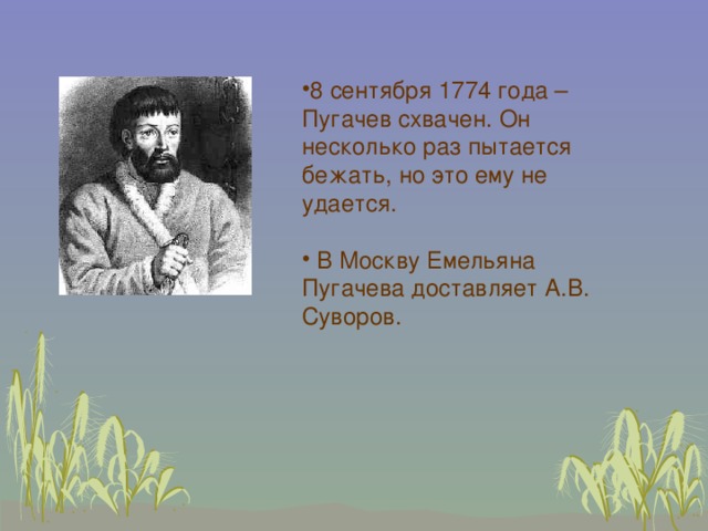 8 сентября 1774 года – Пугачев схвачен. Он несколько раз пытается бежать, но это ему не удается.  В Москву Емельяна Пугачева доставляет А.В. Суворов. 