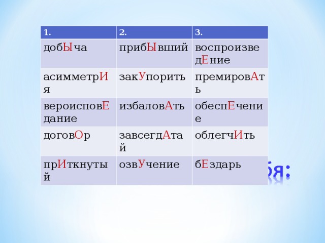 1. 2. доб Ы ча 3. приб Ы вший асимметр И я зак У порить вероиспов Е дание воспроизвед Е ние догов О р премиров А ть избалов А ть обесп Е чение завсегд А тай пр И ткнутый озв У чение облегч И ть б Е здарь 