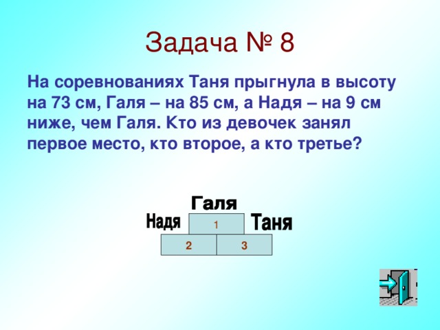 См ниже. Задач про Таню. Задачи о турнирах. Условия задачи для соревнований. На школьных соревнованиях дети прыгали в высоту Саша прыгнул на 13 дм.