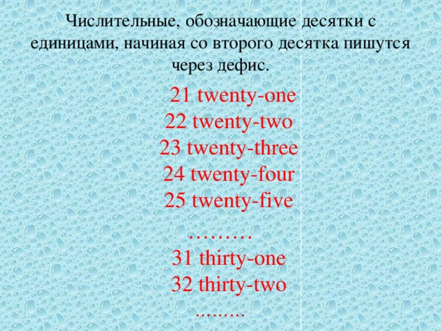 Числительные, обозначающие десятки с единицами, начиная со второго десятка пишутся через дефис.  21 twenty-one  22 twenty-two  23 twenty-three  24 twenty-four  25 twenty-five ………  31 thirty-one  32 thirty-two ……… 