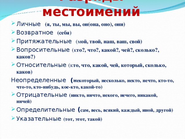 Разряды местоимений Личные  (я, ты, мы, вы, он(она, оно), они) Возвратное (себя) Притяжательные (м ой, твой, наш, ваш, свой) Вопросительные (к то?, что?, какой?, чей?, сколько?, каков?) Относительные (к то, что, какой, чей, который, сколько, каков) Неопределенные ( н екоторый, несколько, некто, нечто, кто-то, что-то, кто-нибудь, кое-кто, какой-то) Отрицательные (никто, ничто, некого, нечего, никакой, ничей) Определительные  ( сам, весь, всякий, каждый, иной, другой) Указательные  (тот, этот, такой) 