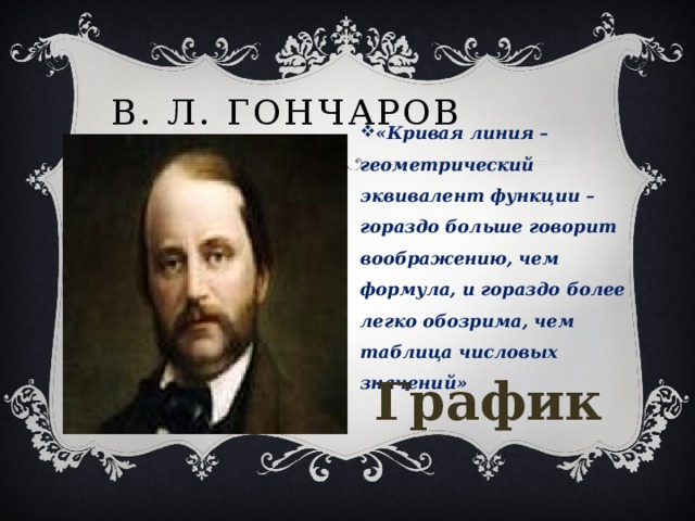 В. Л. Гончаров «Кривая линия – геометрический эквивалент функции – гораздо больше говорит воображению, чем формула, и гораздо более легко обозрима, чем таблица числовых значений» График 