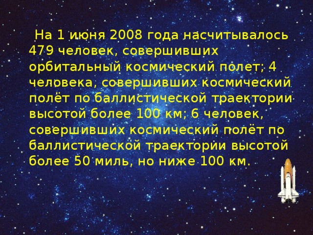  На 1 июня 2008 года насчитывалось 479 человек, совершивших орбитальный космический полет; 4 человека, совершивших космический полёт по баллистической траектории высотой более 100 км; 6 человек, совершивших космический полёт по баллистической траектории высотой более 50 миль, но ниже 100 км. 