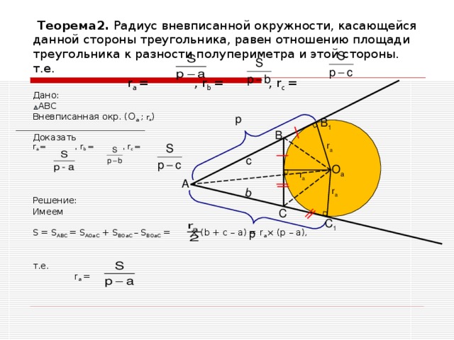 Радиус равен произведению сторон на 4 площади. Радиус вневписанной окружности формула. Вневписанная окружность формулы. Формула радиуса вневписанной окружности треугольника. Площадь треугольника радиус вневписанной окружности.