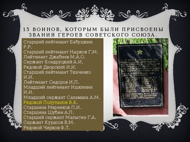 15 воинов, которым были присвоены звания героев Советского Союза.   Старший лейтенант Бабушкин Р.Р.  Старший лейтенант Нырков Г.М.  Лейтенант Джабиев М.А.О.  Сержант Кондруцкий А.И.  Рядовой Дворский И.И.  Старший лейтенант Ткаченко И.И.  Лейтенант Сидоров И.П.  Младший лейтенант Ишкинин И.И.  Младший сержант Саламаха А.М.  Рядовой Полупанов В.К .  Старшина Меренков П.И.  Старшина Шубин А.П.  Старший сержант Малыгин Г.А.  Сержант Курасов В.М.  Рядовой Чирков Ф.Т. 