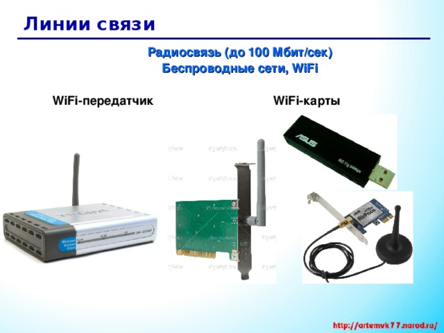 Линии связи Радиосвязь (до 100 Мбит/сек) Беспроводные сети, WiFi  Радиосвязь (до 100 Мбит/сек) Беспроводные сети, WiFi  WiFi -передатчик  WiFi -карты WiFi -передатчик  WiFi -карты 