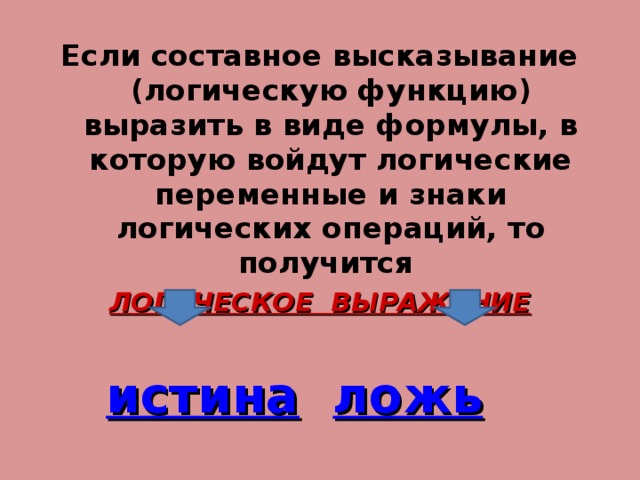 Если составное высказывание (логическую функцию) выразить в виде формулы, в которую войдут логические переменные и знаки логических операций, то получится ЛОГИЧЕСКОЕ ВЫРАЖЕНИЕ истина  ложь 