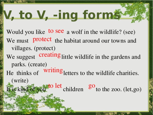 V, to V, -ing forms to see Would you like  a wolf in the wildlife? (see) We must the habitat around our towns and villages. (protect) We suggest little wildlife in the gardens and parks. (create) He thinks of letters to the wildlife charities.(write) It is kind of you children to the zoo. (let,go) protect creating writing go to let 