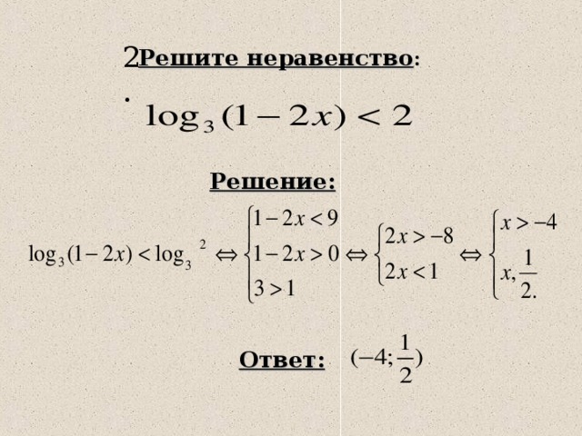 2. Решите неравенство : Решение: Ответ: 