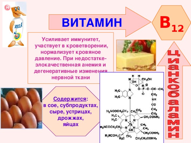 B 12 ВИТАМИН    Усиливает иммунитет,  участвует в кроветворении, нормализует кровяное давление. При недостатке- злокачественная анемия и дегенеративные изменения нервной ткани   Содержится : в сое, субпродуктах, сыре, устрицах,  дрожжах, яйцах 