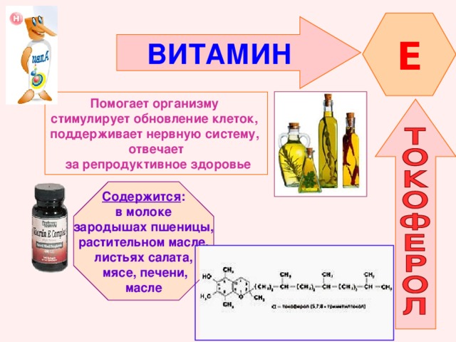 E ВИТАМИН  Помогает организму стимулирует обновление клеток, поддерживает нервную систему, отвечает  за репродуктивное здоровье  Содержится : в молоке зародышах пшеницы, растительном масле, листьях салата,  мясе, печени, масле  