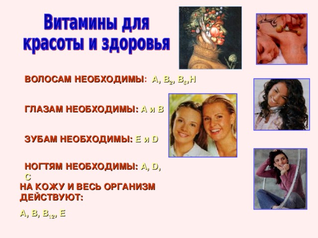 ВОЛОСАМ НЕОБХОДИМЫ :  А, В 2 , В 6 ,Н ГЛАЗАМ НЕОБХОДИМЫ:  А и В ЗУБАМ НЕОБХОДИМЫ:  Е и D  НОГТЯМ НЕОБХОДИМЫ:  А, D , С НА КОЖУ И ВЕСЬ ОРГАНИЗМ ДЕЙСТВУЮТ:  А, В, В 12 , Е 