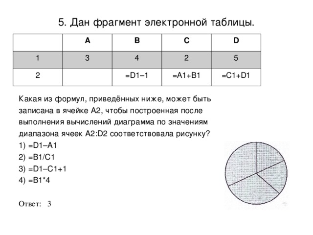 5. Дан фрагмент электронной таблицы. 1 А 2 3 В С 4 D 2 =D1–1 5 =A1+B1 =C1+D1 Какая из формул, приведённых ниже, может быть записана в ячейке A2, чтобы построенная после выполнения вычислений диаграмма по значениям диапазона ячеек A2:D2 соответствовала рисунку? 1) =D1–A1 2) =B1/C1 3) =D1–C1+1 4) =B1*4 Ответ: 3 
