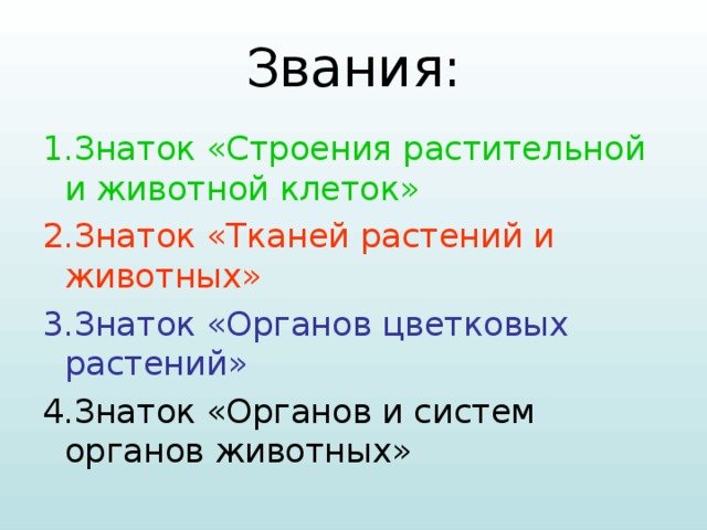 Звания: 1.Знаток «Строения растительной и животной клеток» 2.Знаток «Тканей растений и животных» 3.Знаток «Органов цветковых растений» 4.Знаток «Органов и систем органов животных» 