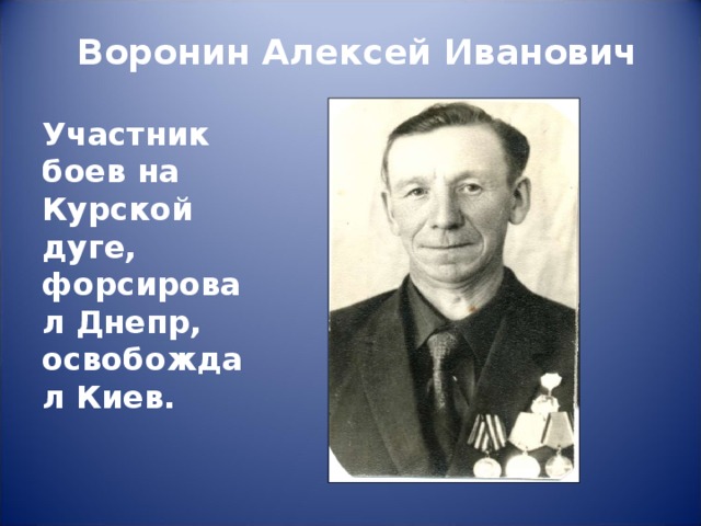 Воронин Алексей Иванович   Участник боев на Курской дуге, форсировал Днепр, освобождал Киев.  