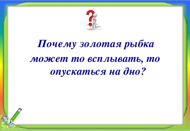  Почему золотая рыбка может то всплывать, то опускаться на дно? Алпатова Светлана Ремовна Муниципальное общеобразовательное учреждение 