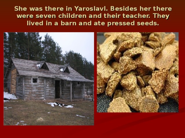 She was there in Yaroslavl. Besides her there were seven children and their teacher. They lived in a barn and ate pressed seeds.