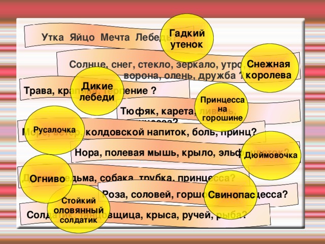 Гадкий утенок Утка Яйцо Мечта Лебедь?  Снежная королева  Солнце, снег, стекло, зеркало, утро, роза, ворона, олень, дружба ? Дикие лебеди Трава, крапива, терпение ? Принцесса на горошине Тюфяк, карета, ливень, принцесса? Русалочка Море, ветер, колдовской напиток, боль, принц? Нора, полевая мышь, крыло, эльф, цветок? Дюймовочка Дупло, ведьма, собака, трубка, принцесса? Огниво Роза, соловей, горшочек, принцесса? Свинопас Стойкий оловянный солдатик  Солдатик, танцовщица, крыса, ручей, рыба?  