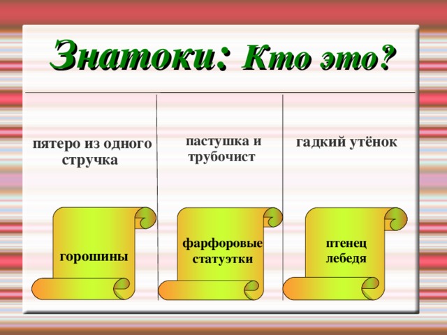 Знатоки : Кто это? пятеро из одного стручка пастушка и трубочист гадкий утёнок фарфоровые статуэтки птенец лебедя горошины 