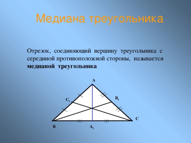 Медиана треугольника Отрезок, соединяющий вершину треугольника с серединой противоположной стороны, называется медианой треугольника А В 1 С 1 С А 1 В 