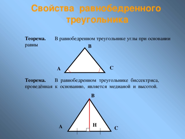 Свойства равнобедренного треугольника Теорема. В равнобедренном треугольнике углы при основании равны В С А Теорема. В равнобедренном треугольнике биссектриса, проведённая к основанию, является медианой и высотой. В Н А С 