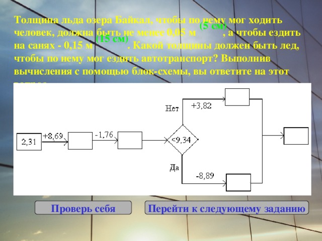 Толщина льда озера Байкал, чтобы по нему мог ходить человек, должна быть не менее 0,05 м , а чтобы ездить на санях - 0,15 м . Какой толщины должен быть лед, чтобы по нему мог ездить автотранспорт? Выполнив вычисления с помощью блок-схемы, вы ответите на этот вопрос. (5 см) (15 см) Проверь себя Перейти к следующему заданию 