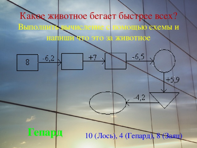 Какое животное бегает быстрее всех? Выполнить вычисление с помощью схемы и напиши что это за животное Гепард 10 (Лось), 4 (Гепард), 8 (Заяц)  