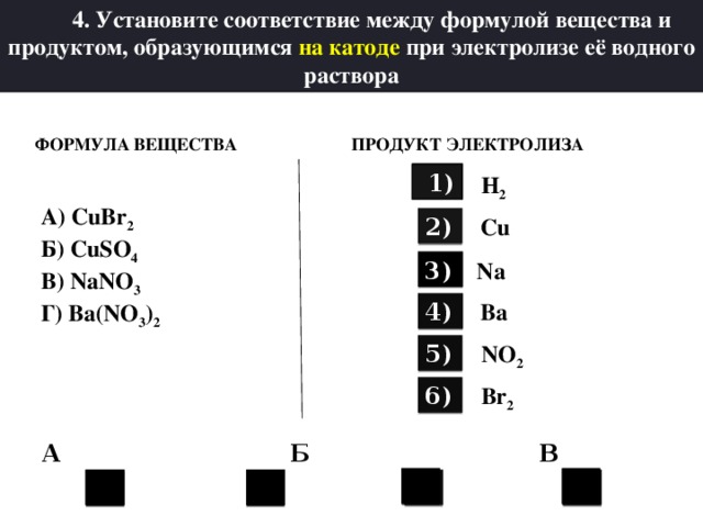   4. Установите соответствие между формулой вещества и продуктом, образующимся на катоде при электролизе её водного раствора Формула вещества   Продукт электролиза  1) H 2 А) CuBr 2 Б) CuSO 4  В) NaNO 3 Г) Ba(NO 3 ) 2 Cu 2) 3) Na 4) Ba 5) NO 2 6) Br 2 А Б В  Г    2  2 1 1 
