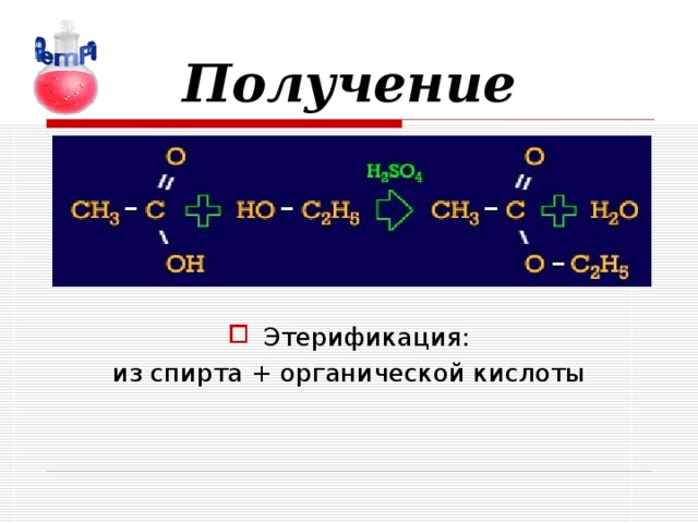 Получение кислоты из спирта. Этерификация получение.