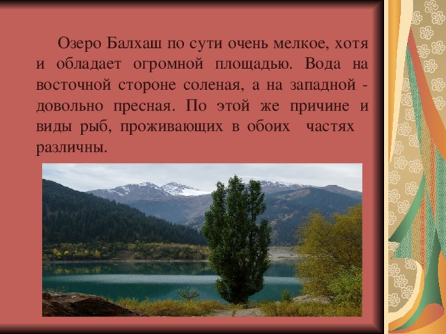 Озеро Балхаш по сути очень мелкое, хотя и обладает огромной площадью. Вода на восточной стороне соленая, а на западной - довольно пресная. По этой же причине и виды рыб, проживающих в обоих частях  различны. 