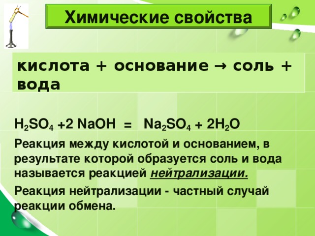 Химические свойства кислота + основание → соль + вода H 2 SO 4 +2 NaOH = Na 2 SO 4 + 2H 2 O Реакция между кислотой и основанием, в результате которой образуется соль и вода называется реакцией нейтрализации. Реакция нейтрализации - частный случай реакции обмена.  