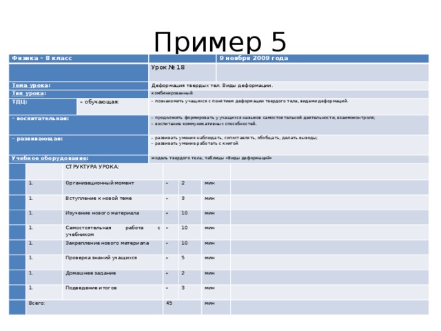 Пример 5 Физика – 8 класс   Тема урока : Тип урока : ТДЦ:   – воспитательная: Урок № 18 Деформация твердых тел. Виды деформации . – развивающая: Учебное оборудование : комбинированный – обучающая:   – познакомить учащихся с понятием деформации твердого тела, видами деформаций. 9 ноября 2009 года – продолжить формировать у учащихся навыков самостоятельной деятельности, взаимоконтроля;           – развивать умения наблюдать, сопоставлять, обобщать, делать выводы; – воспитание коммуникативных способностей. СТРУКТУРА УРОКА: модель твердого тела, таблицы «Виды деформаций» – развивать умение работать с книгой Организационный момент       Вступление к новой теме     Изучение нового материала       –   Самостоятельная работа с учебником –     2 Закрепление нового материала Проверка знаний учащихся     – мин 3 – мин     10   Домашнее задание Всего: Подведение итогов 10   – мин 10 мин –   мин – 5   мин   – 2   3 мин 45   мин   мин     