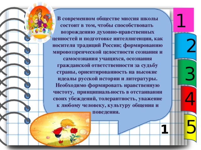 1 В современном обществе миссия школы состоит в том, чтобы способствовать возрождению духовно-нравственных ценностей и подготовке интеллигенции, как носителя традиций России; формированию мировоззренческой целостности сознания и самосознания учащихся, осознания гражданской ответственности за судьбу страны, ориентированность на высокие идеалы русской истории и литературы. Необходимо формировать нравственную чистоту, принципиальность в отстаивании своих убеждений, толерантность, уважение к любому человеку, культуру общения и поведения. 2 3 4 5 1 2 