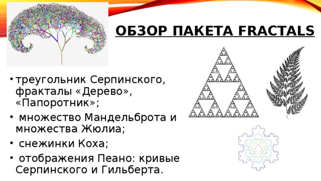 Обзор пакета fractals треугольник Серпинского, фракталы «Дерево», «Папоротник»;  множество Мандельброта и множества Жюлиа;  снежинки Коха;  отображения Пеано: кривые Серпинского и Гильберта. 