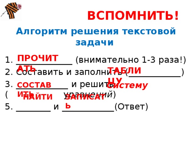 ВСПОМНИТЬ! Алгоритм решения текстовой задачи ПРОЧИТАТЬ 1. _____________ (внимательно 1-3 раза!) 2. Составить и заполнить ( ____________ ) 3. ____________ и решить ( у равнений ) 5. ________ и ____________ (Ответ) ТАБЛИЦУ Систему СОСТАВИТЬ ЗАПИСАТЬ НАЙТИ 